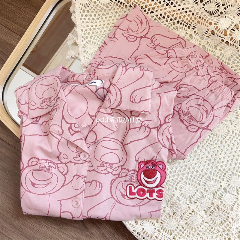 日系可愛草莓熊睡衣女夏季天新款短袖卡通寬鬆薄款學生家居服套裝