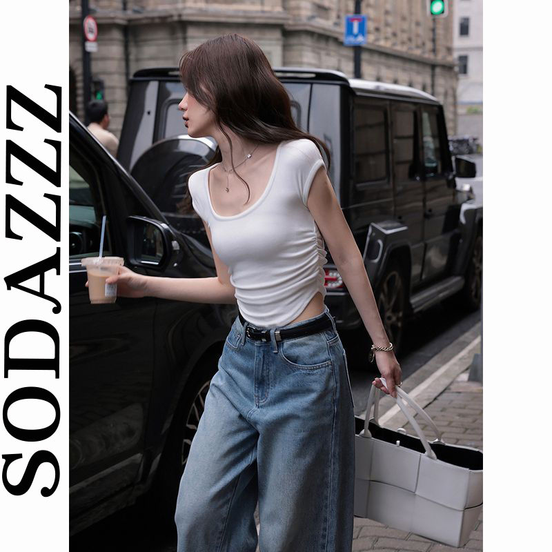 SODAZZZ pure lust style slim slim pleated Tee women's summer short solid color simple U-neck short-sleeved top trendy