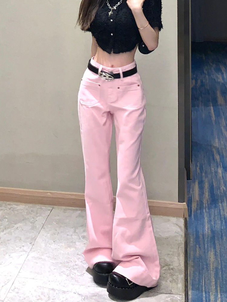 美式復古粉色微喇牛仔褲女夏季高腰顯瘦辣妹小眾設計感喇叭拖地褲