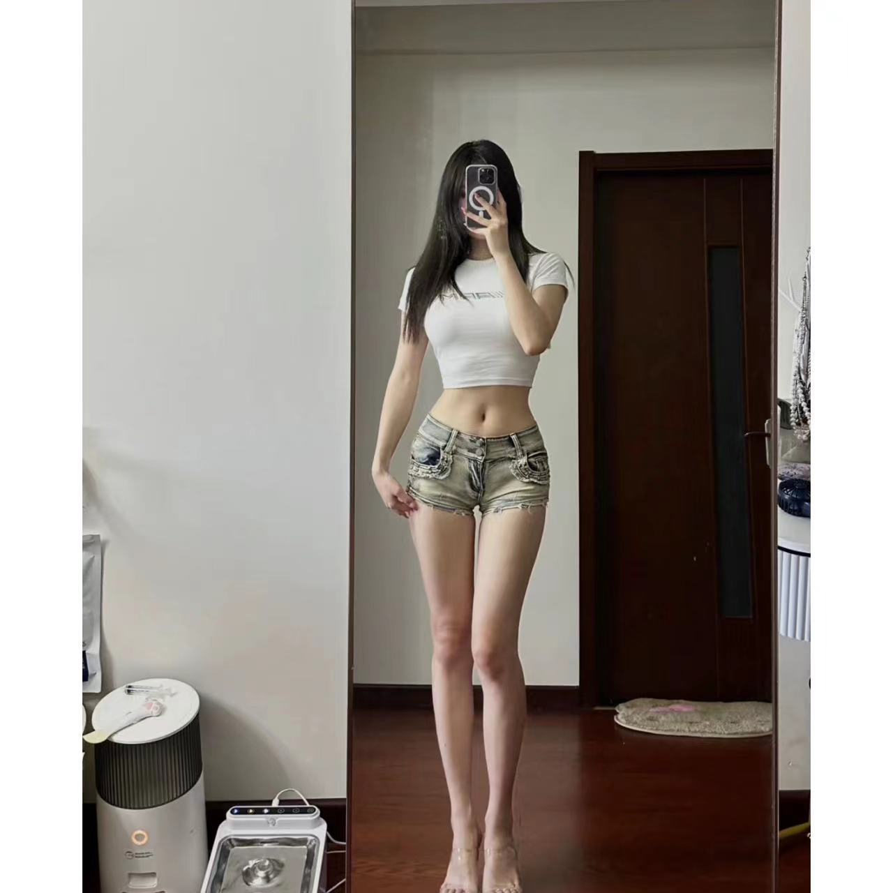 美式牛仔短褲女水洗彈力直筒包臀顯腿長夏季新款辣妹做舊網紅緊身