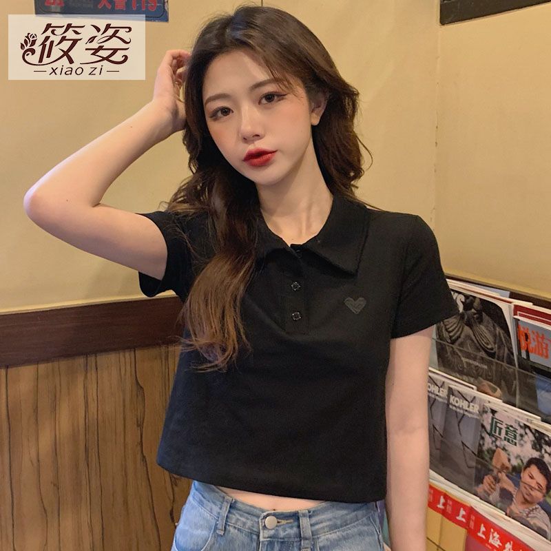 筱姿愛心刺繡polo領翻領短款短袖t恤女夏季新款高腰露臍打底上衣