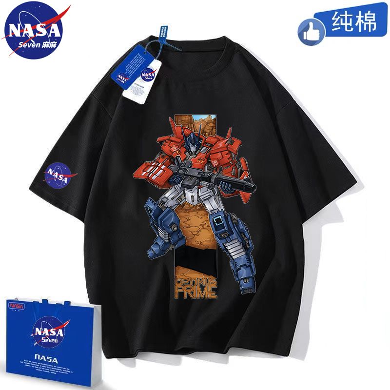 NASA儿童纯棉T恤变形金刚衣服夏季卡通擎天柱短袖亲子装父子上衣