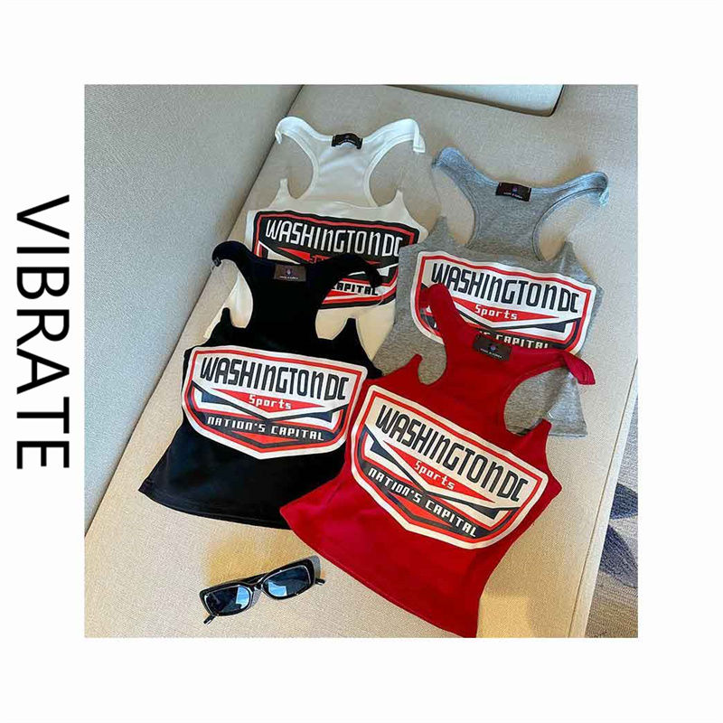 VIBRATE網紅辣妹字母印花吊帶女設計感隱形肩帶背心修身短款上衣