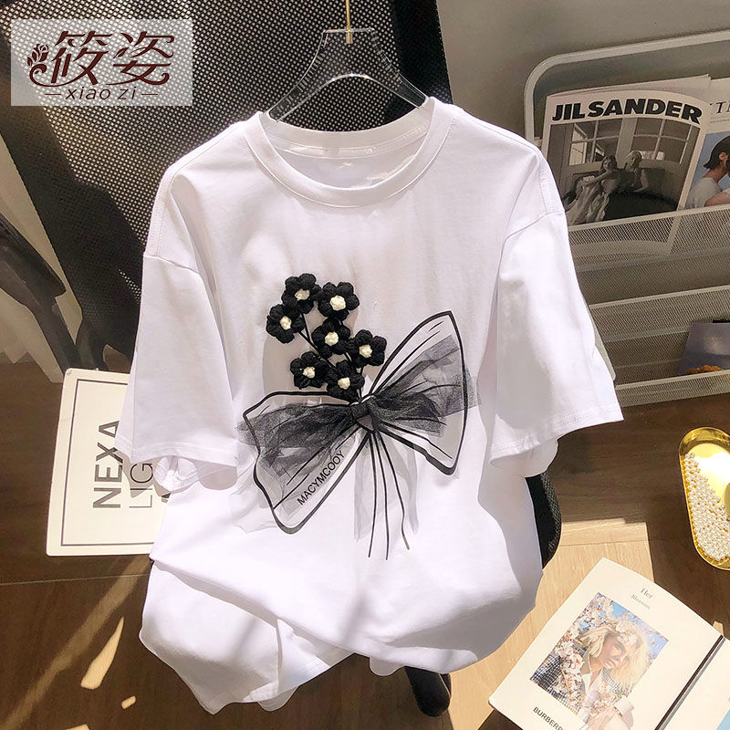 筱姿設計感小眾蝴蝶結網紗花朵短袖T恤女夏季寬鬆小香風別致上衣