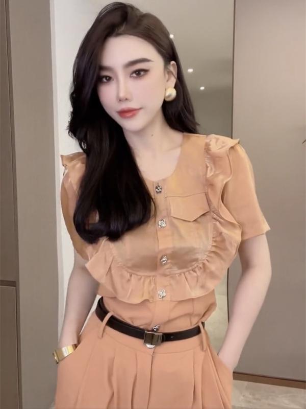 高端網紅爆款時尚套裝女2023夏季新款歐貨荷葉邊顯瘦短袖+闊腿褲