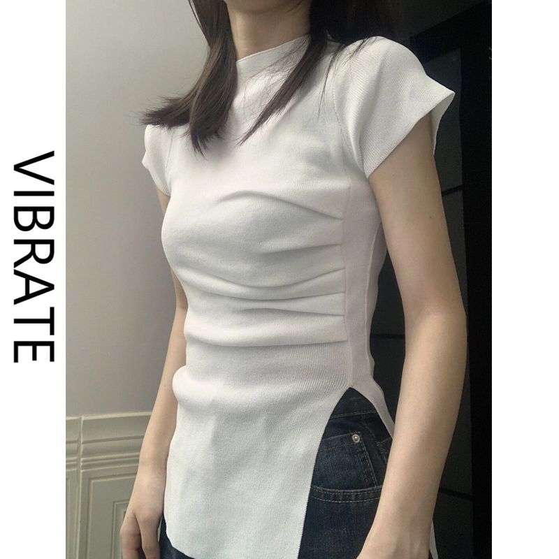 VIBRATE Korean version of the half-high collar front shoulder short-sleeved t-shirt women's summer 2023 new waist hot girl slit top