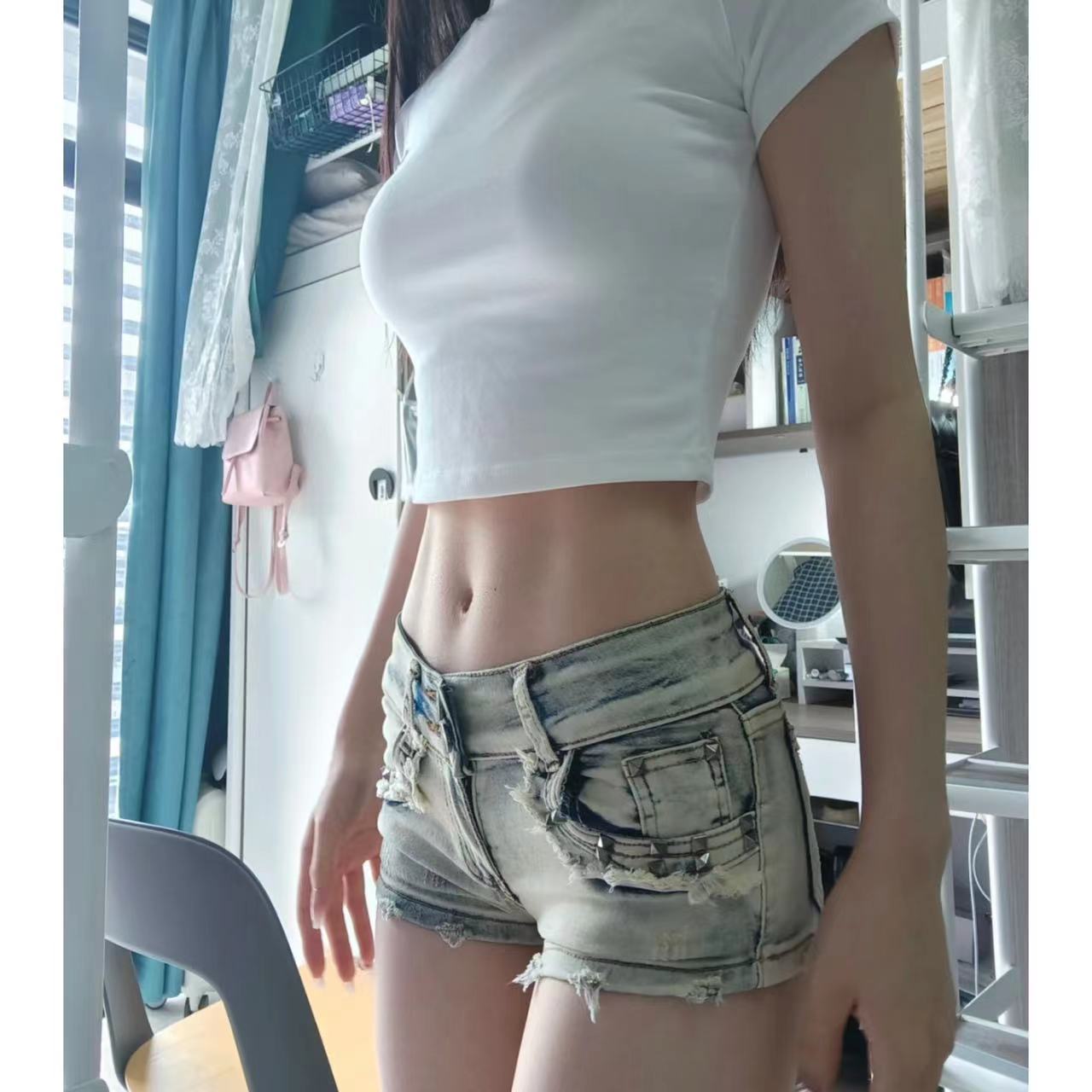 懷舊藍色牛仔短褲女包臀直筒彈力修身顯瘦氣質熱褲a字水洗復古潮