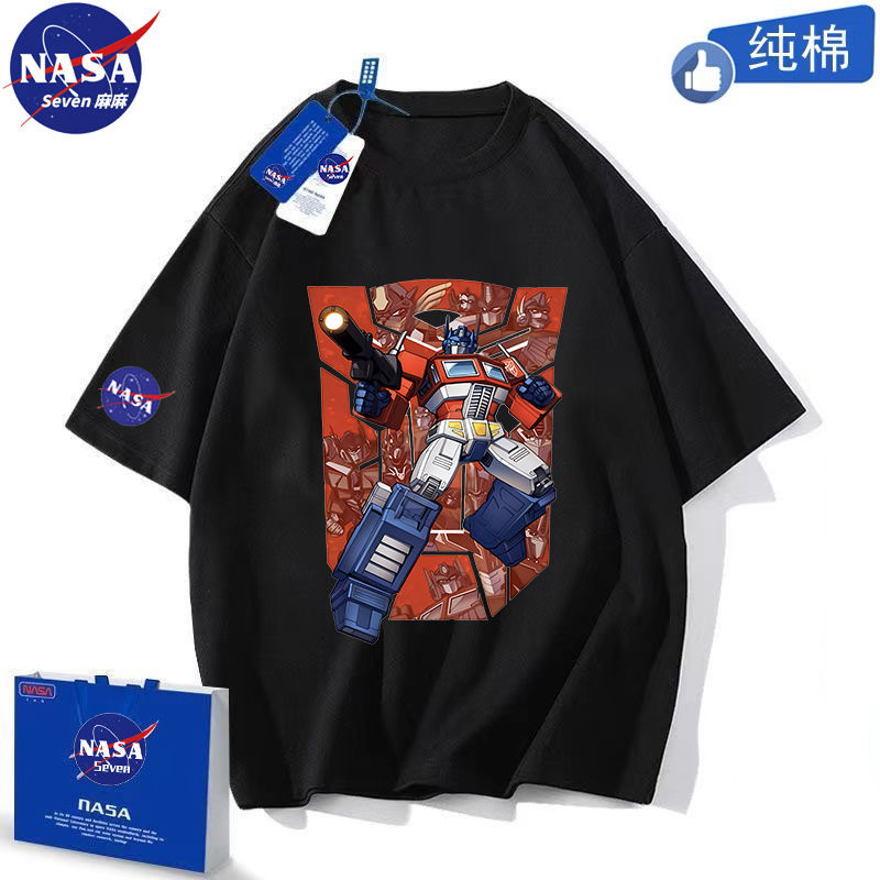 NASA儿童纯棉T恤变形金刚衣服夏季卡通擎天柱短袖亲子装父子上衣