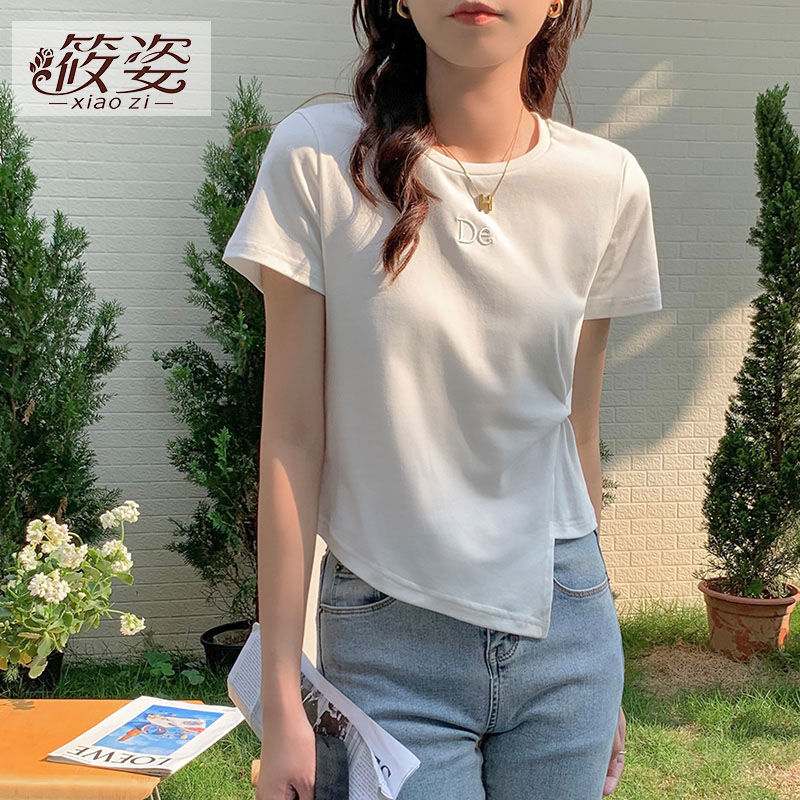 筱姿不規則短袖t恤女2023年新款夏季心機設計感百搭顯瘦高腰上衣