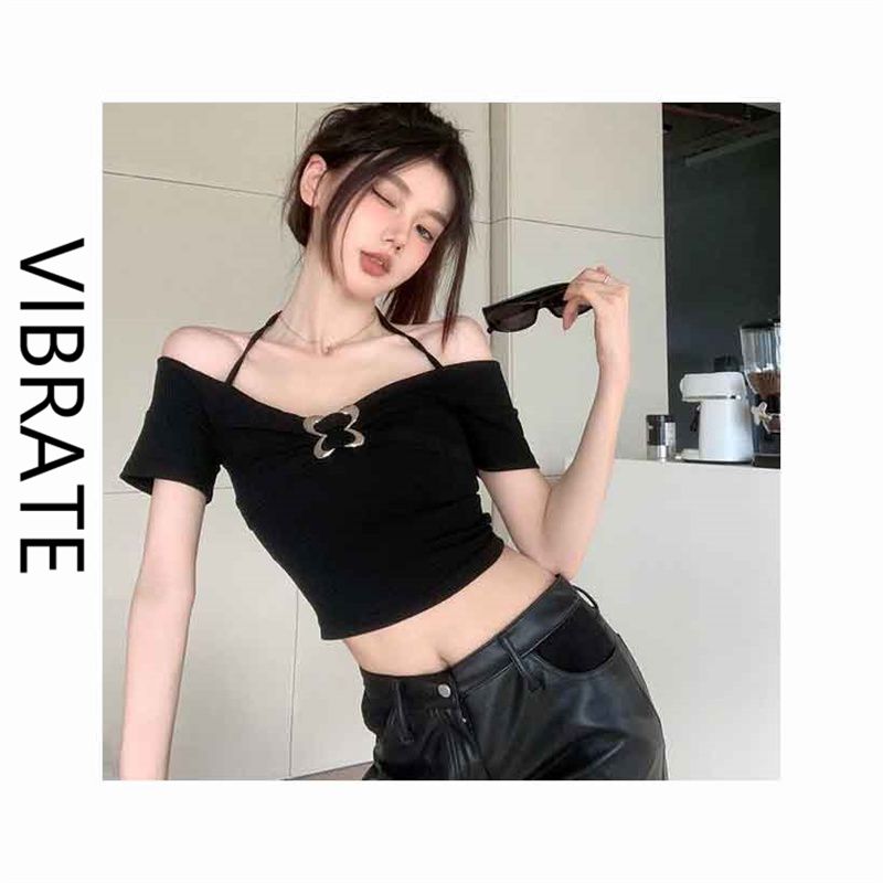 VIBRATE temperament one-word collar short-sleeved hanging neck t-shirt female summer pure desire wind sweet hot girl halter clavicle top