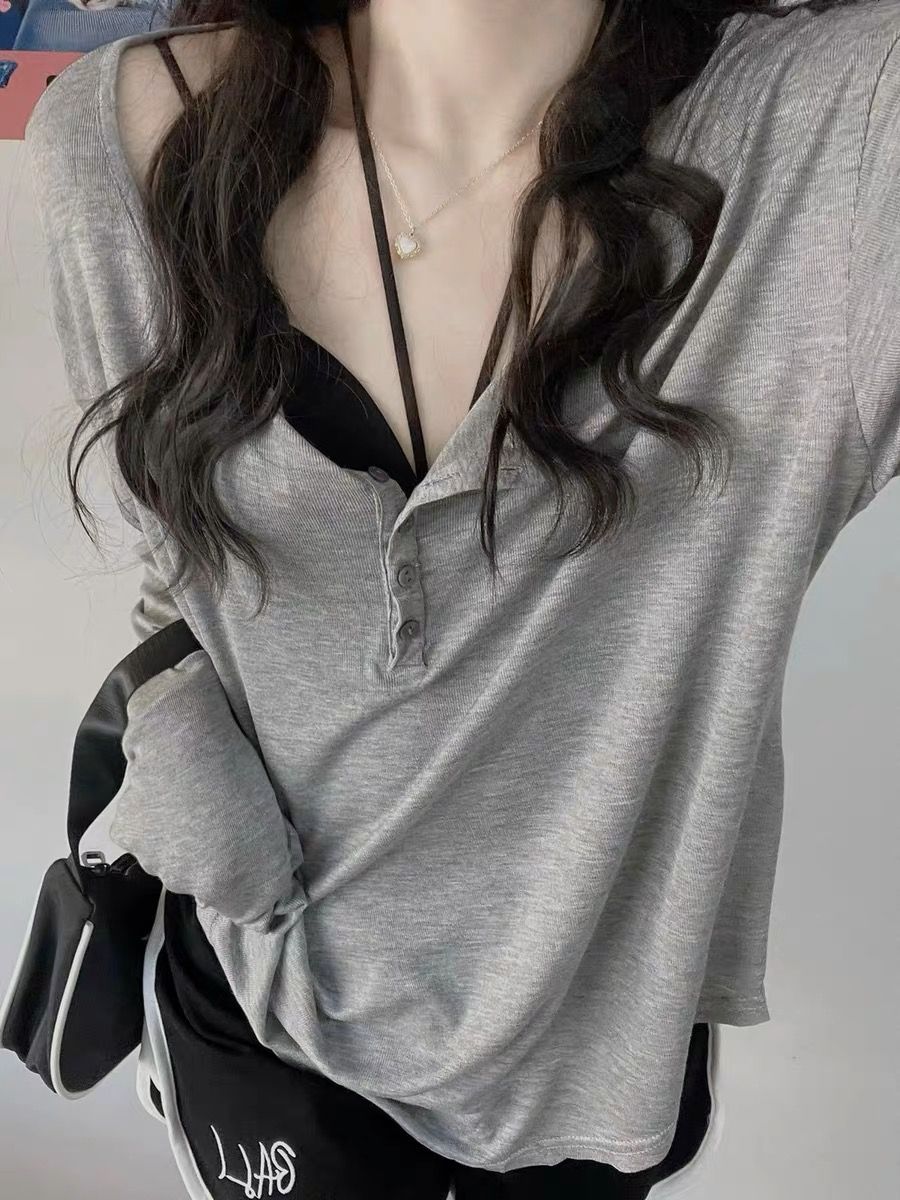 大碼寬鬆休閒薄款長袖T恤女2023年春季新款胖MM遮肉顯瘦灰色上衣