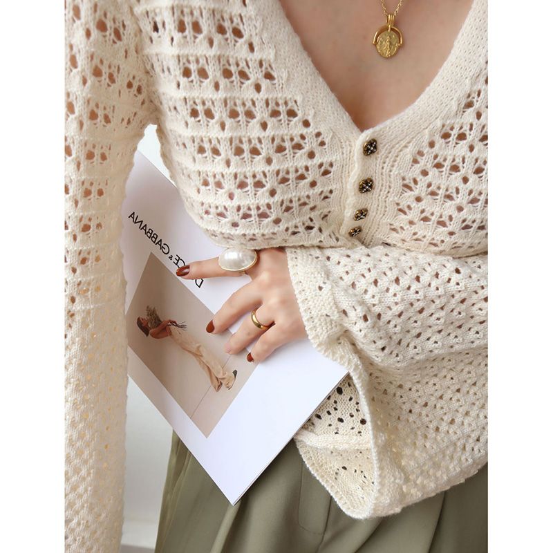 French retro trumpet sleeve hollow out sunscreen knitted cardigan women's 2023 summer thin section long-sleeved v-neck outer top