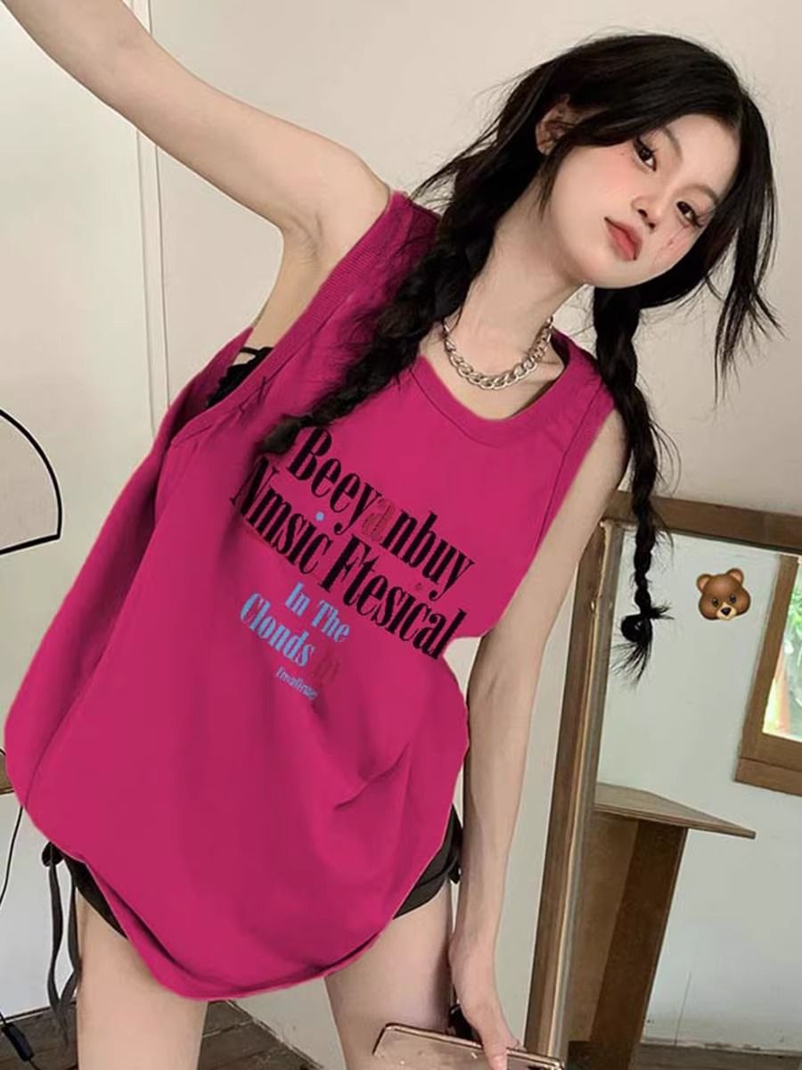 火龍果色無袖T恤女夏季款多巴胺穿搭美式坎肩小背心外穿籃球上衣