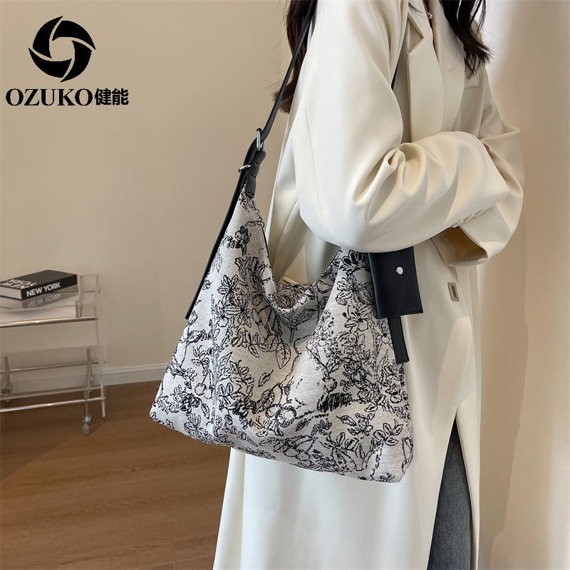 健能休閒時尚大容量斜挎包印花潮流質感休閒百搭小眾單肩托特包女