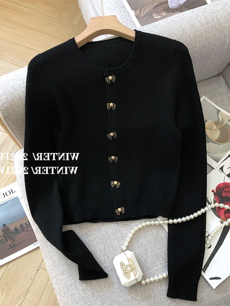 Black small fragrance knitted cardigan women's spring and autumn thin section design sense niche short sweater coat chic tops