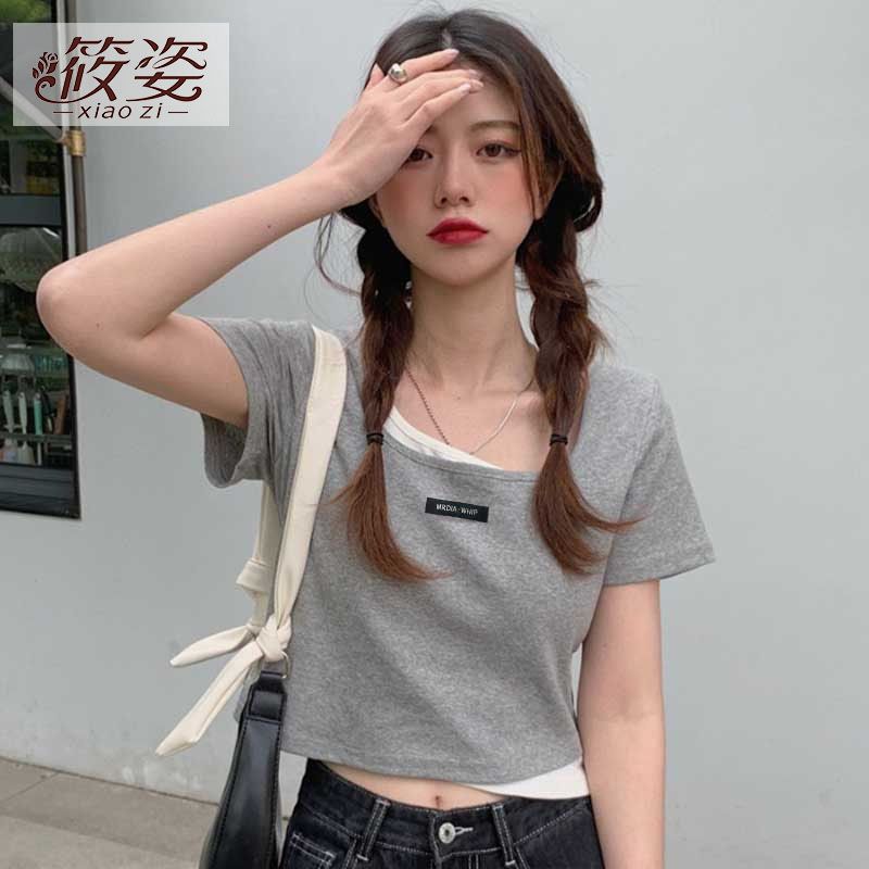 筱姿辣妹短款弧形下擺魚骨方領正肩T恤女美式夏季鎖骨短袖上衣ins