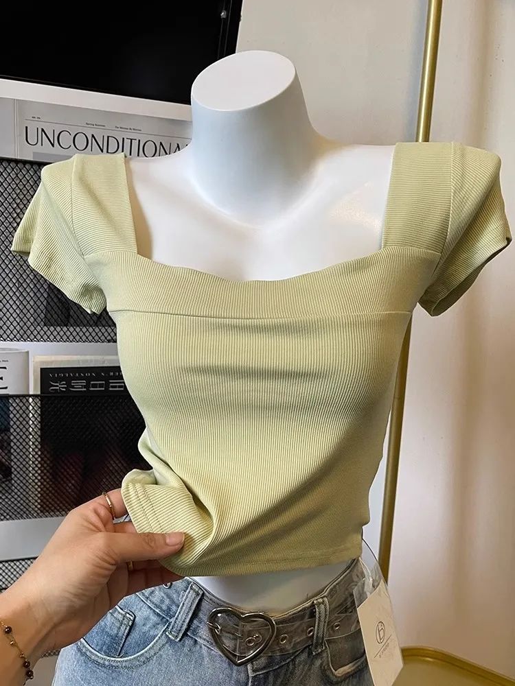 Outlets~Removal of the cabinet square collar front shoulder short-sleeved t-shirt women's waist slimming summer Korean short top trend