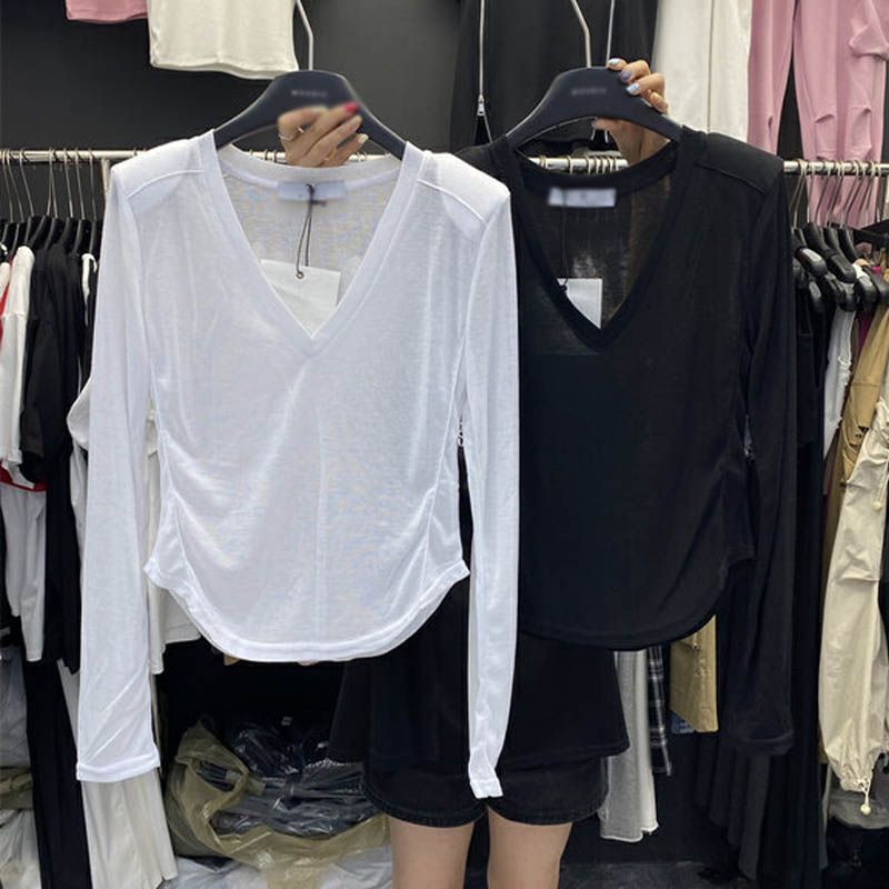 South Korea's Dongdaemun  summer new fashionable V-neck versatile slimming pleated shoulder pads long-sleeved sunscreen T-shirt for women