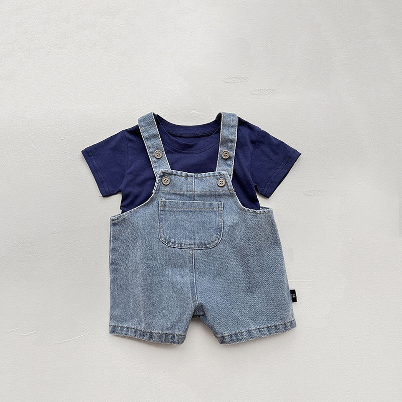Baby shorts summer outer wear 2023 unisex denim suspender shorts thin super soft children's five-quarter pants trendy