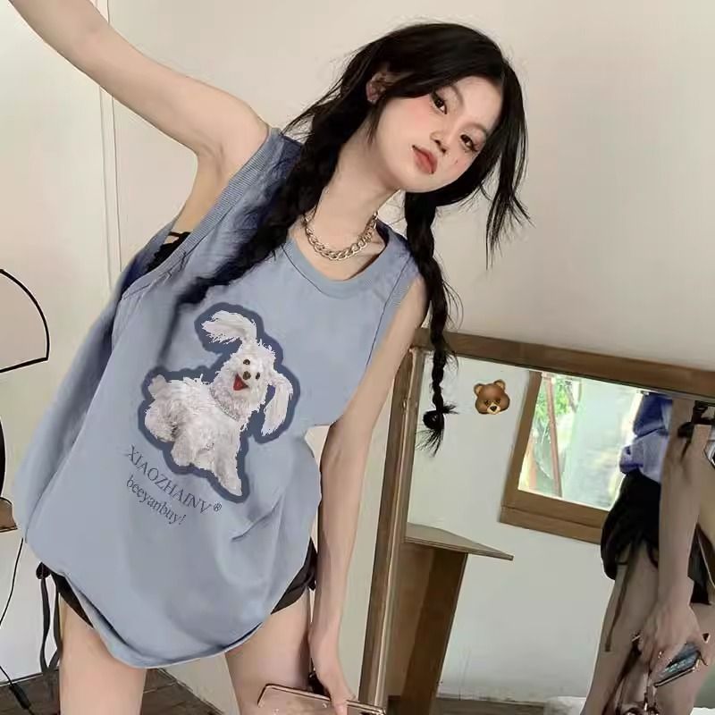 藍色小狗坎肩無袖T恤女夏季法式甜辣小背心音樂節多巴胺穿搭上衣