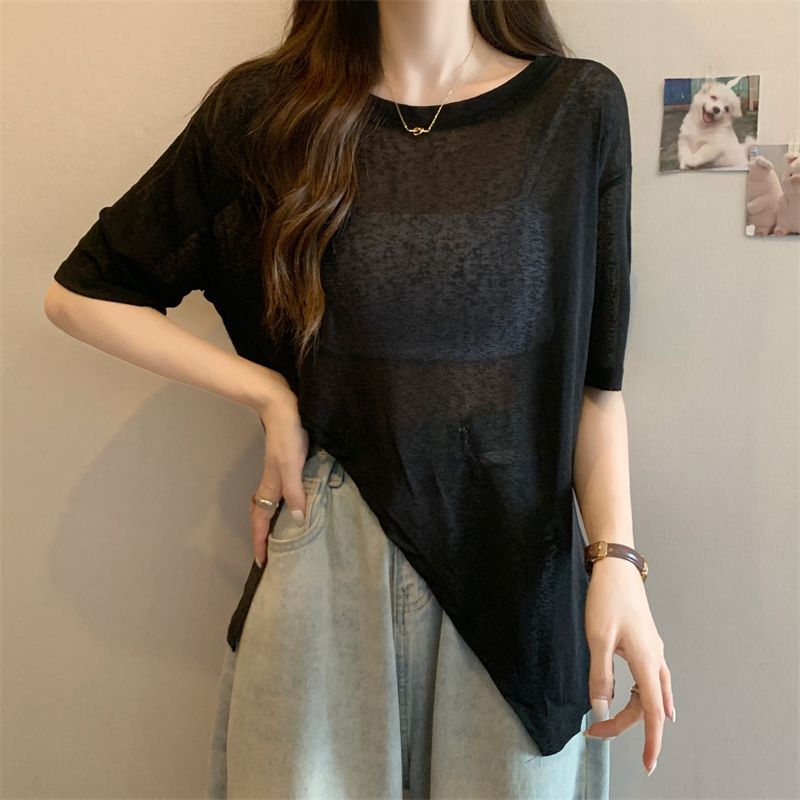 Large size women's breathable thin section sun protection clothing women's summer short-sleeved T-shirt fat mm slimming slit design tops