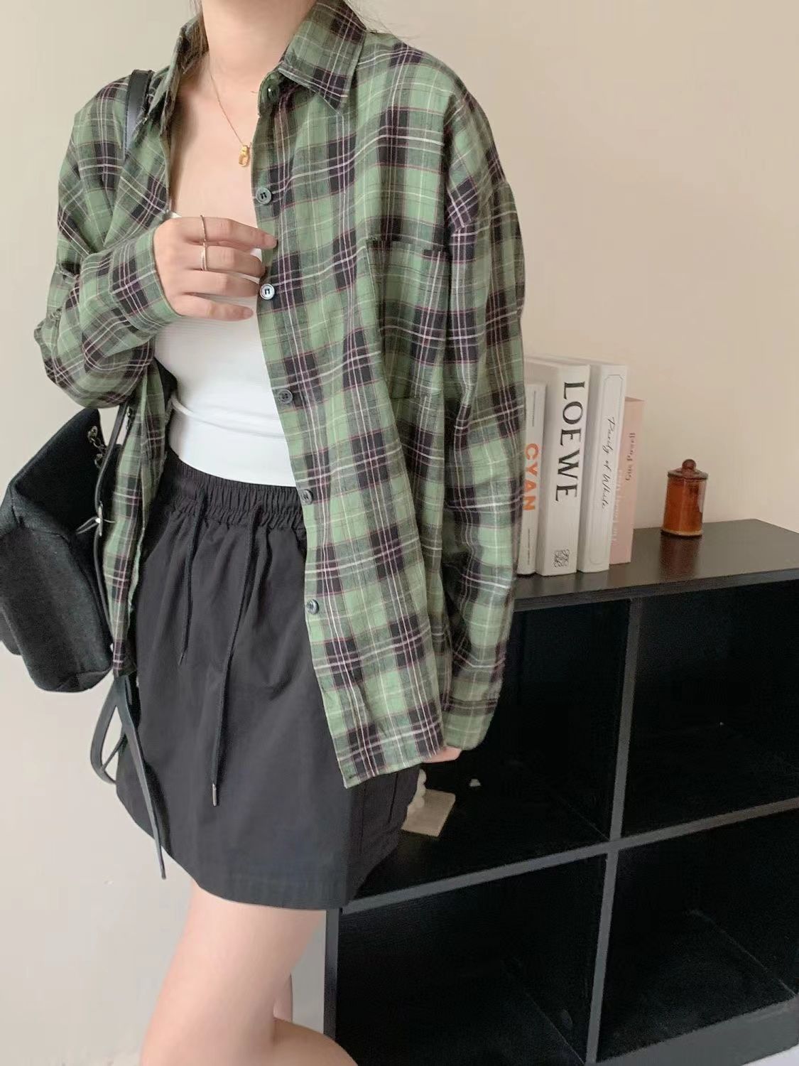 格瑞吉奧綠色格子長袖襯衫女小眾設計感百搭氣質高檔時尚上衣外套