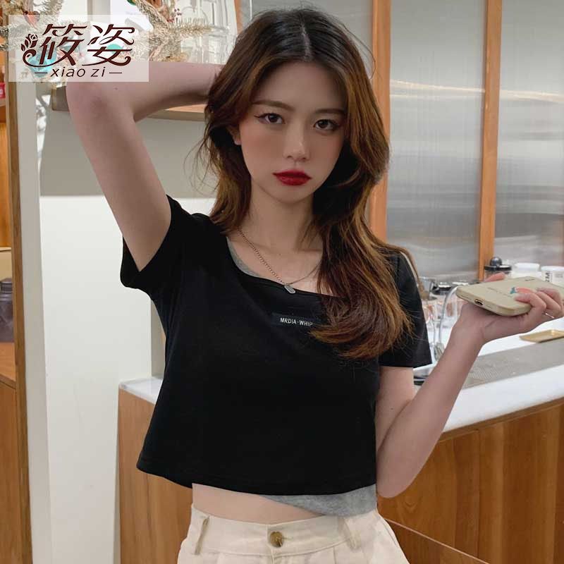 筱姿夏季假兩件純棉短袖T恤女2023年新款設計感小眾短款上衣ins潮