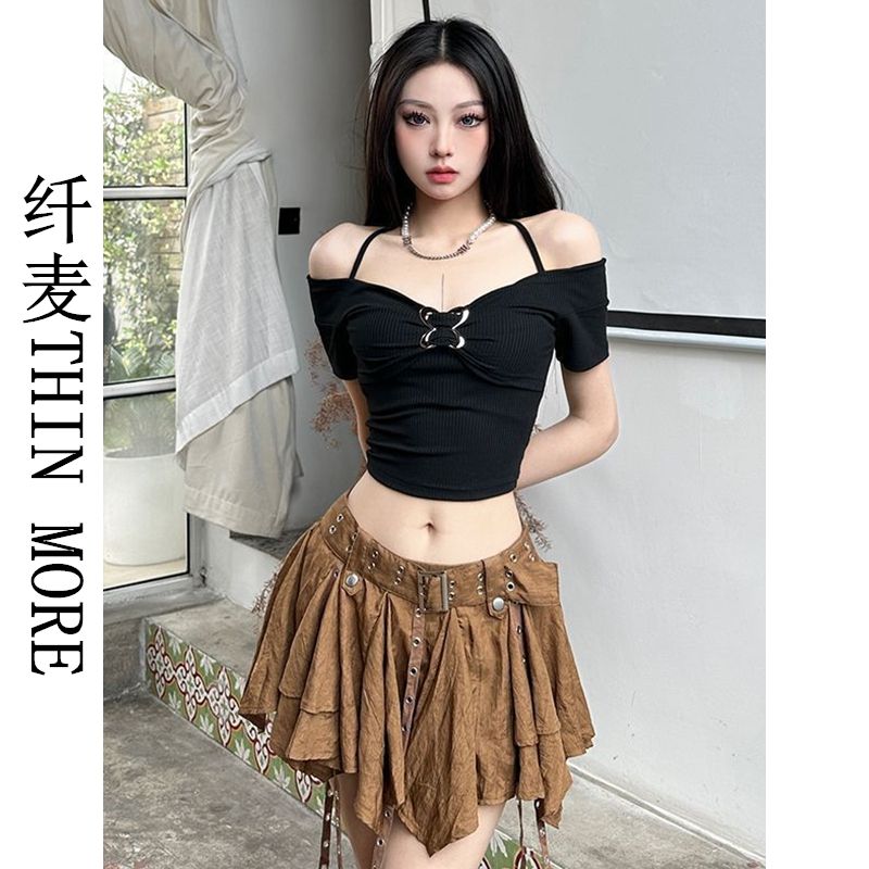 Fianmai THIN MORE one-shoulder halterneck short-sleeved T-shirt for women in summer hot girl slim-fitting short crop top for women