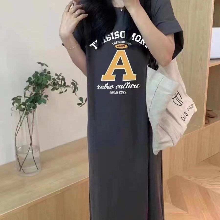  new summer Korean style short-sleeved loose T-shirt nightgown large size fat MM loose slim mid-length dress