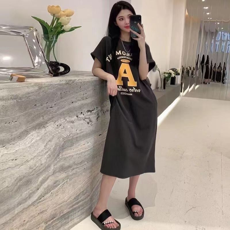  new summer Korean style short-sleeved loose T-shirt nightgown large size fat MM loose slim mid-length dress