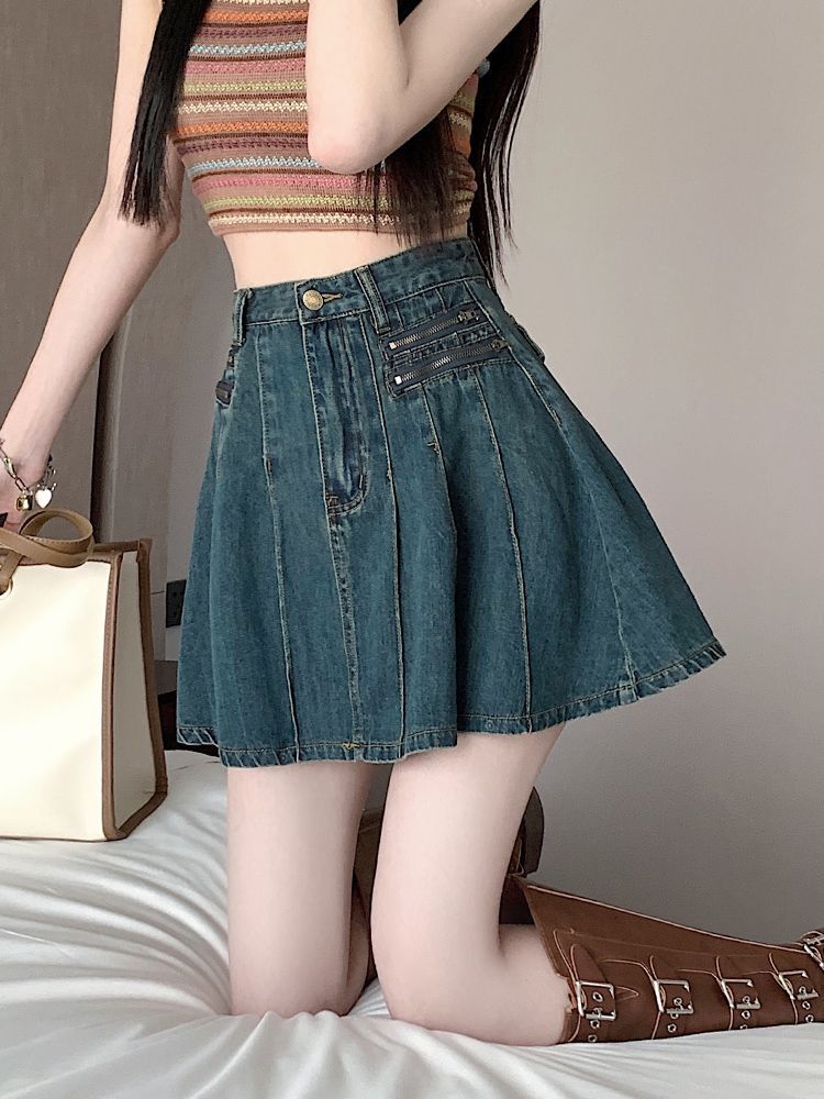 設計感小眾辣妹百褶半身裙女夏季新款防走光大碼胖mm牛仔短裙子潮