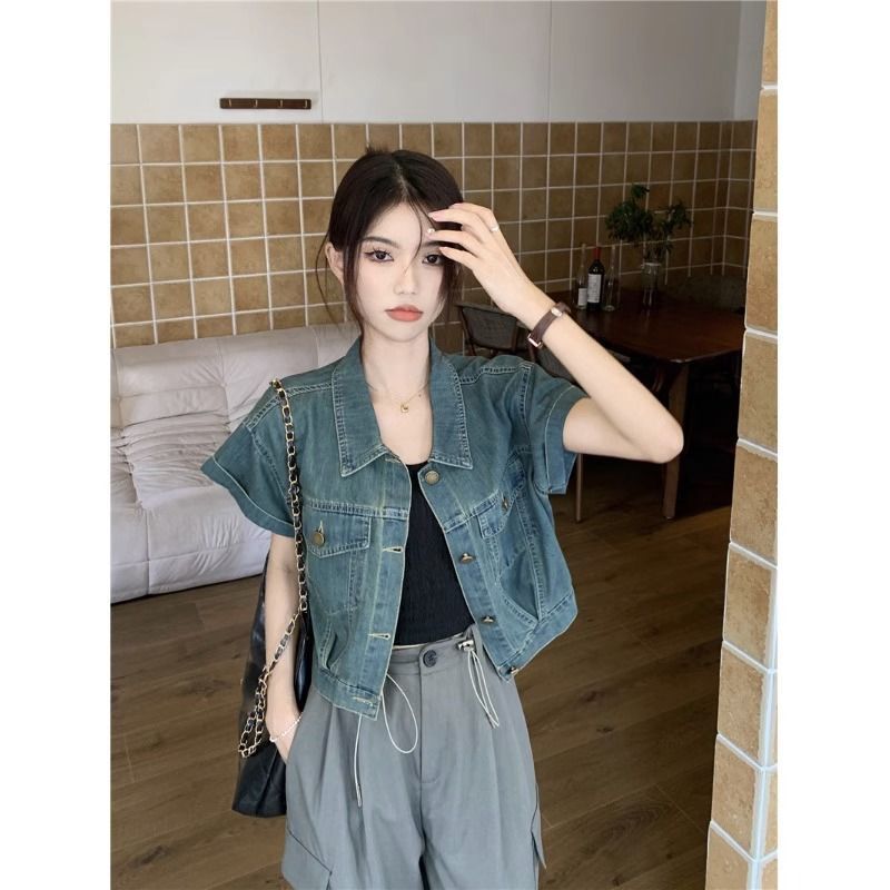 Retro Washed Old Short-sleeved Denim Shirt Jacket Women's Hong Kong Style Summer Commuting Loose Slim Casual Top Trend