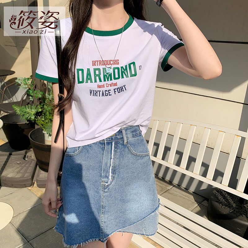 筱姿純棉短袖t恤女裝2023年新款夏季圓領寬鬆設計感拼色ins打底衫