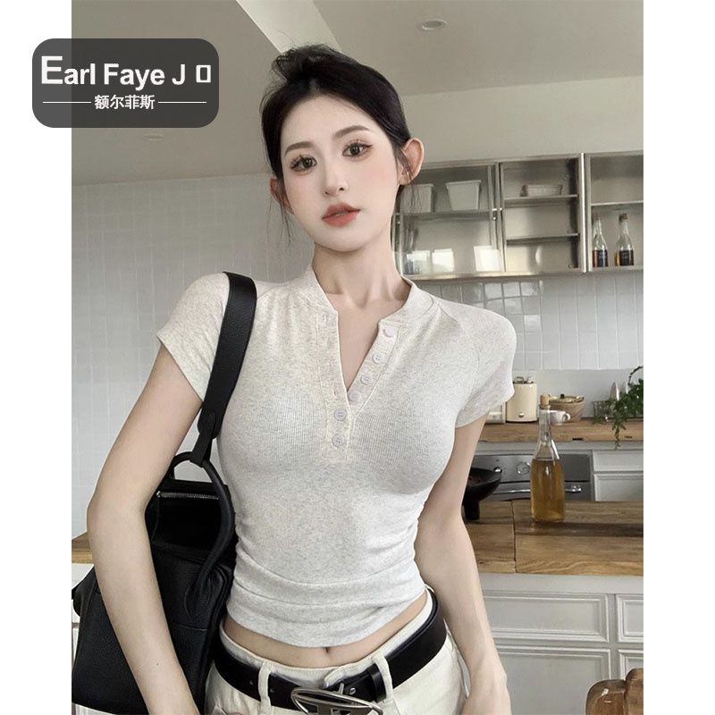 [Positive shoulder pure cotton] American hot girl short tight top women's summer design pure desire short-sleeved gray T-shirt