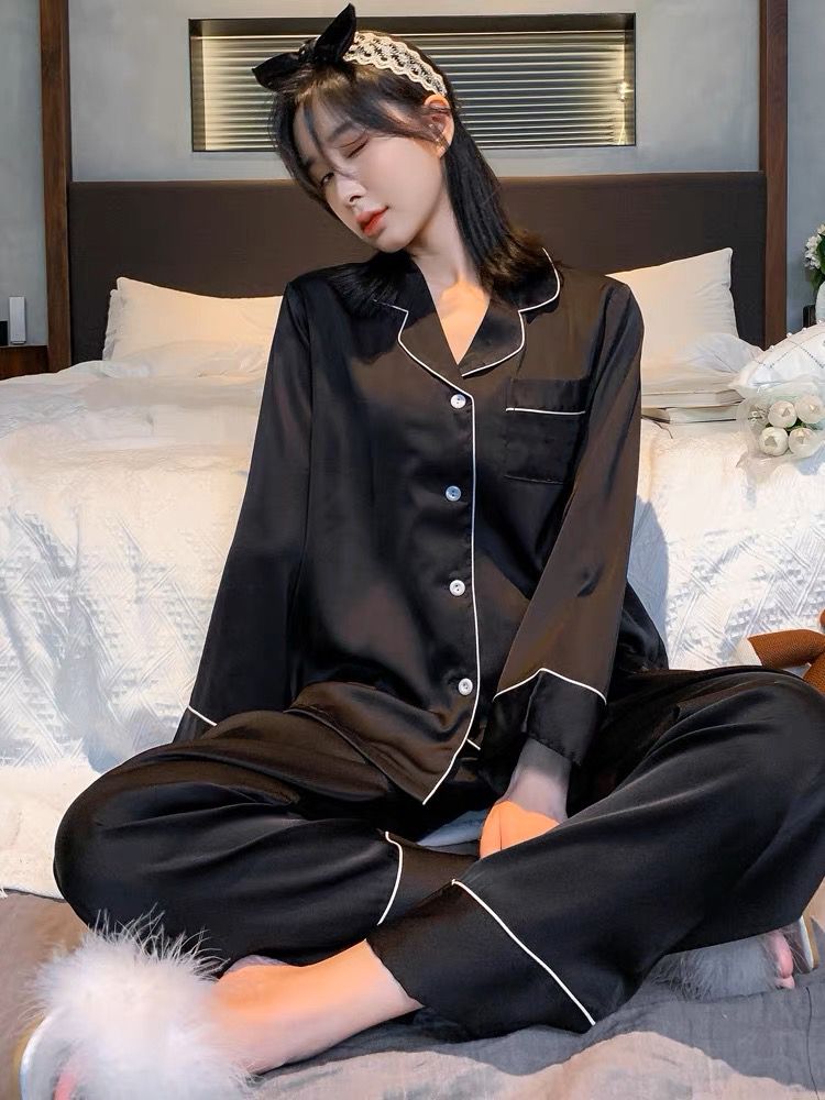 睡衣女士春秋款冰丝绸长袖2023年新款纯欲风网红小香风黑色两件套