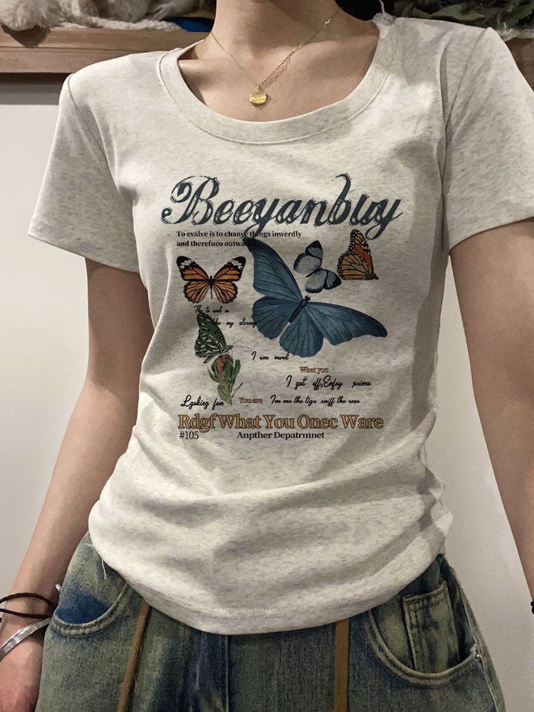 [Positive shoulder pure cotton] short-sleeved u-neck gray t-shirt women's summer butterfly print student ins style bottoming top tide