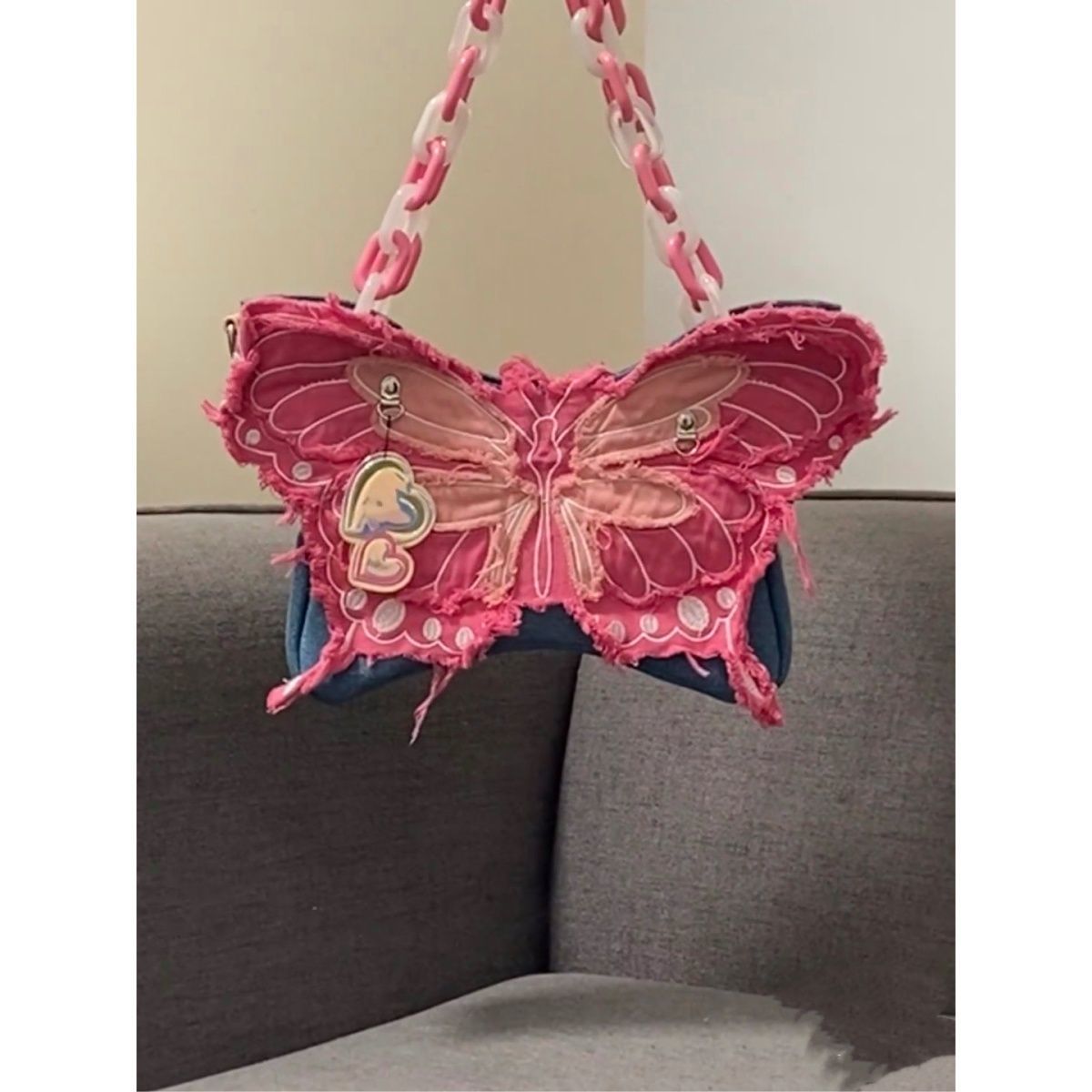 Original Denim Butterfly Contrast Color Pain Bag Acrylic Chain One-Shoulder Crossbody Shaped Doba...