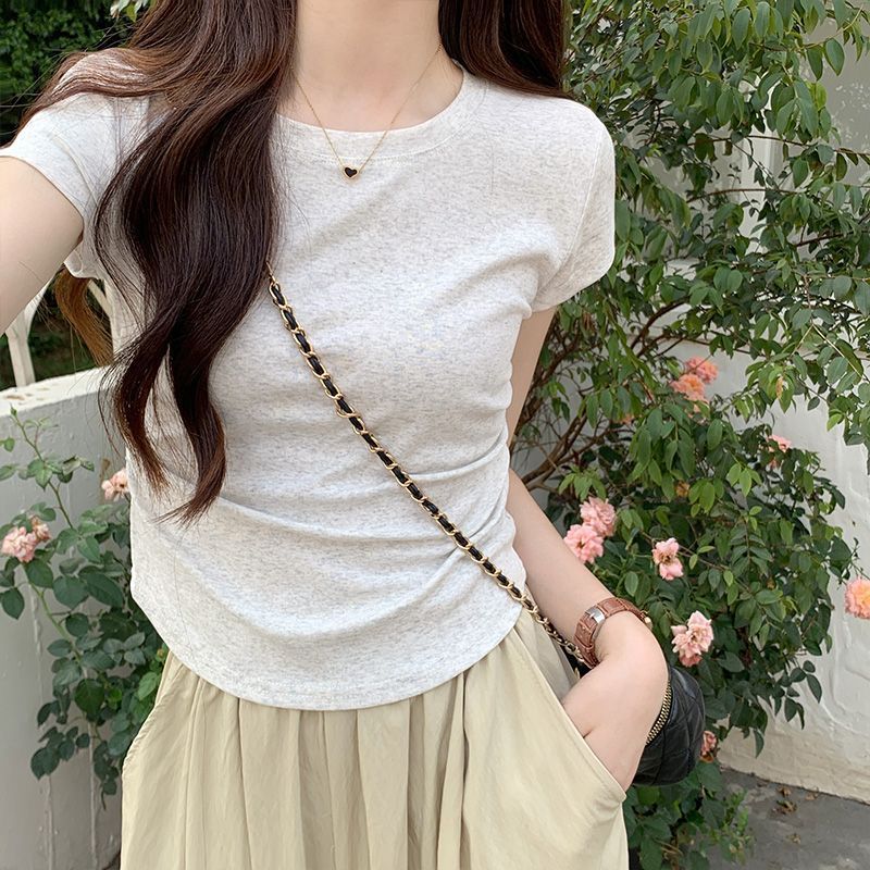 [Pure cotton shoulders] short-sleeved T-shirt women's summer tight-fitting folds with irregular design sense short bottoming all-match tops
