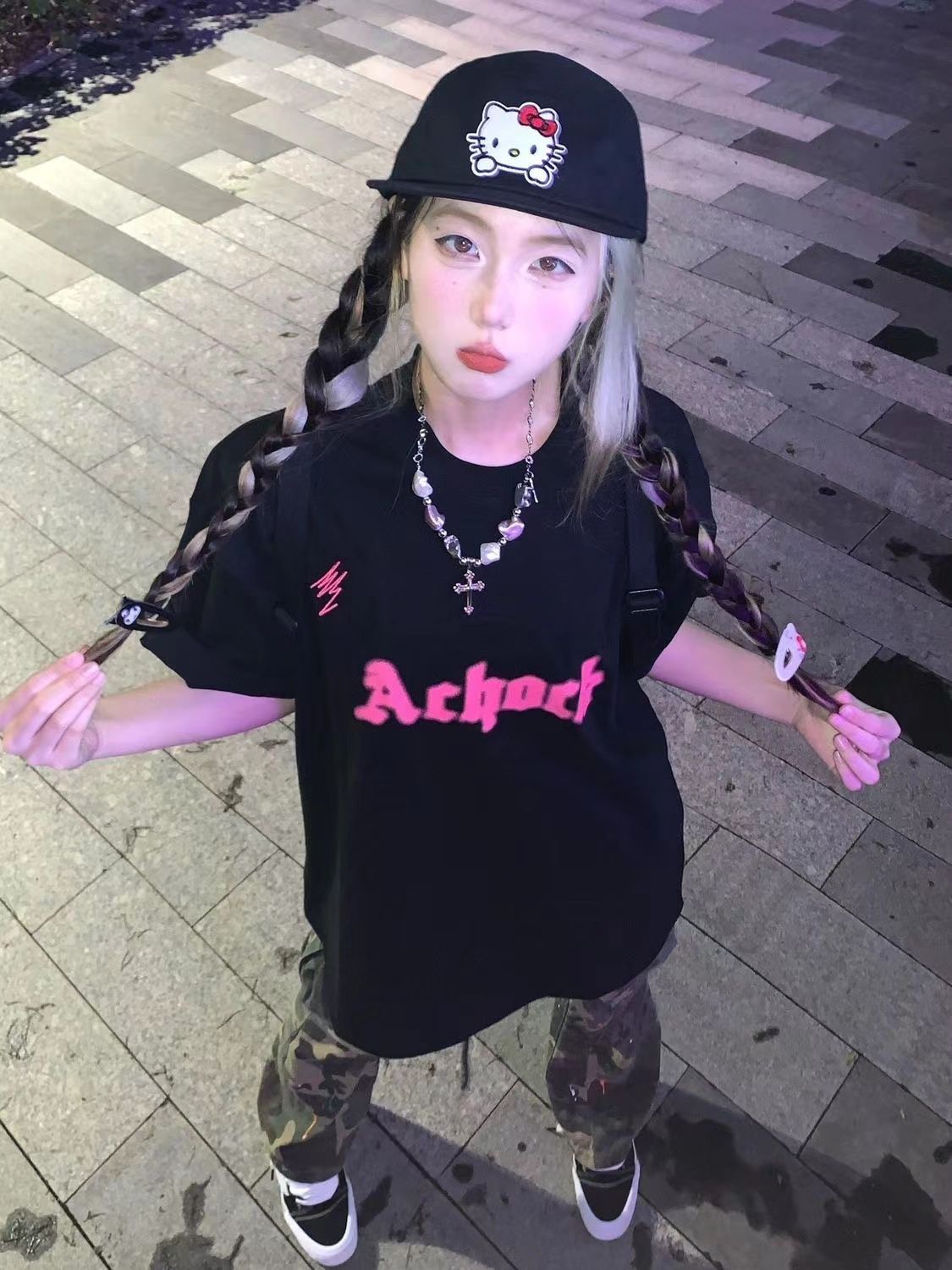 100%純棉高街美式復古夏季短袖t恤女設計感小眾ins潮寬鬆黑色上衣