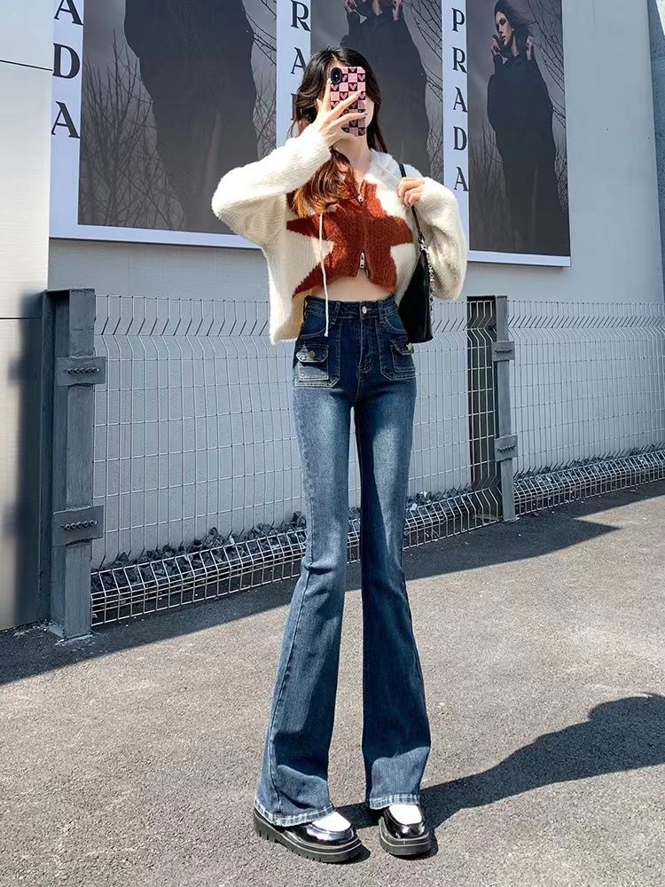 復古藍色牛仔褲女微喇叭拖地長褲秋冬季百搭水洗前口袋馬蹄褲美式