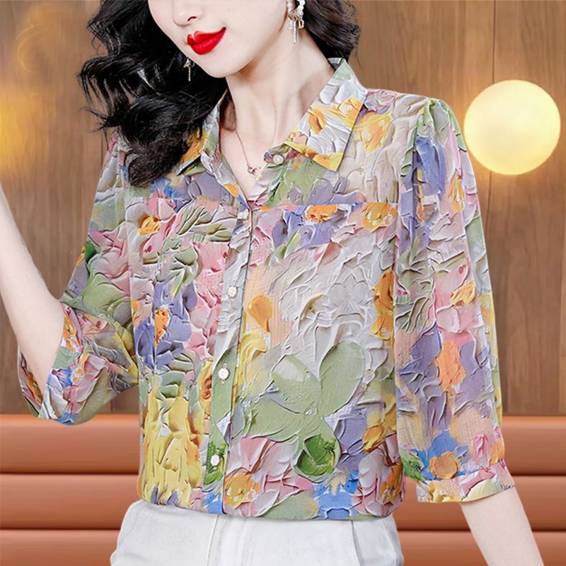 高檔專櫃杭州真絲襯衫七分袖上衣女夏季新款寬鬆時尚印花氣質小衫