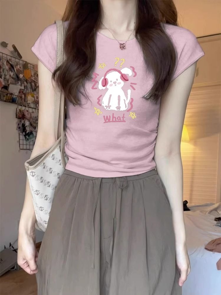 Pink front shoulder short-sleeved t-shirt women's clothing 2023 summer new sweet hot girl short section small pleated top foreign style age reduction