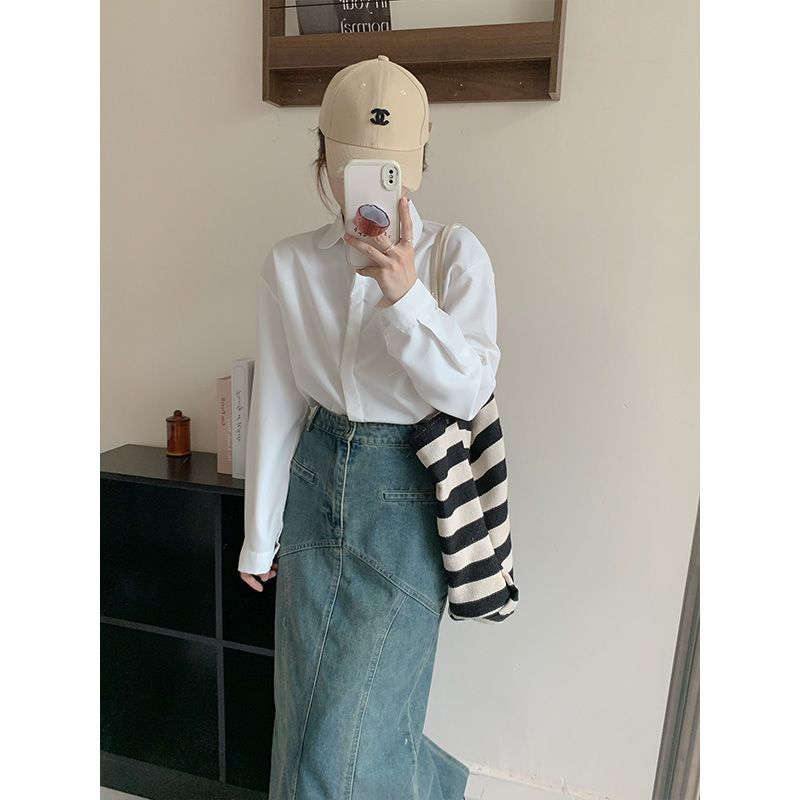 單排扣POLO領長袖襯衫女2023春秋學院風通勤暗扣百搭寬鬆白色上衣