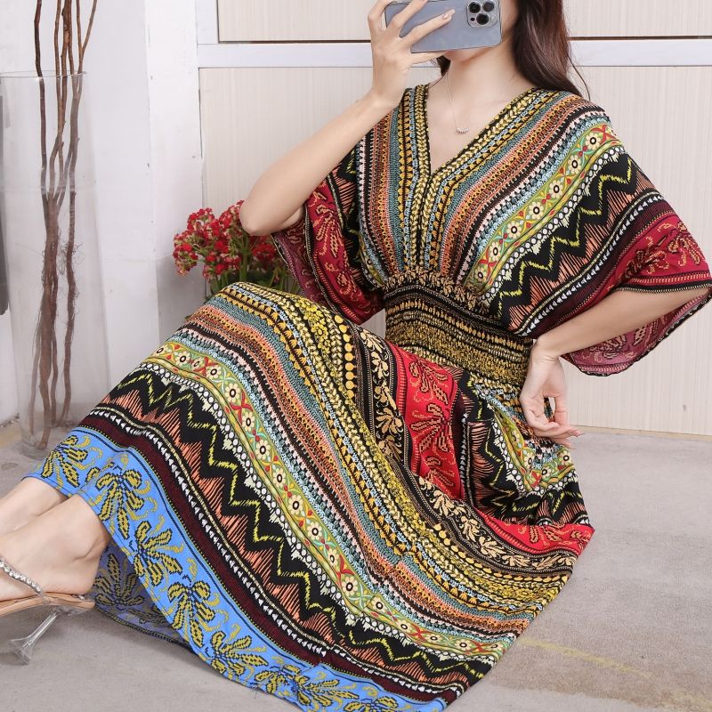 2023 New Cotton Silk Dress Vacation Beach Fairy Dress Loose Bat Sleeve Long Skirt Human Cotton Outerwear Skirt for Women