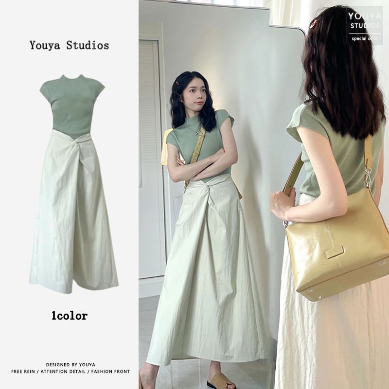 French high-end twist bud skirt for women summer pleated large hem umbrella skirt mid-length high-waisted A-line skirt