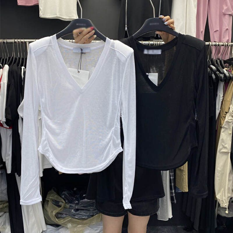 South Korea's Dongdaemun 2023 summer new fashionable V-neck versatile slimming pleated shoulder pads long-sleeved sunscreen T-shirt for women