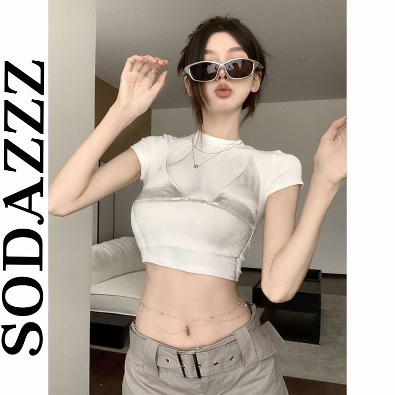 SODAZZZ設計感小眾透視效果泳裝印花圓領短款修身顯瘦短袖T恤女潮
