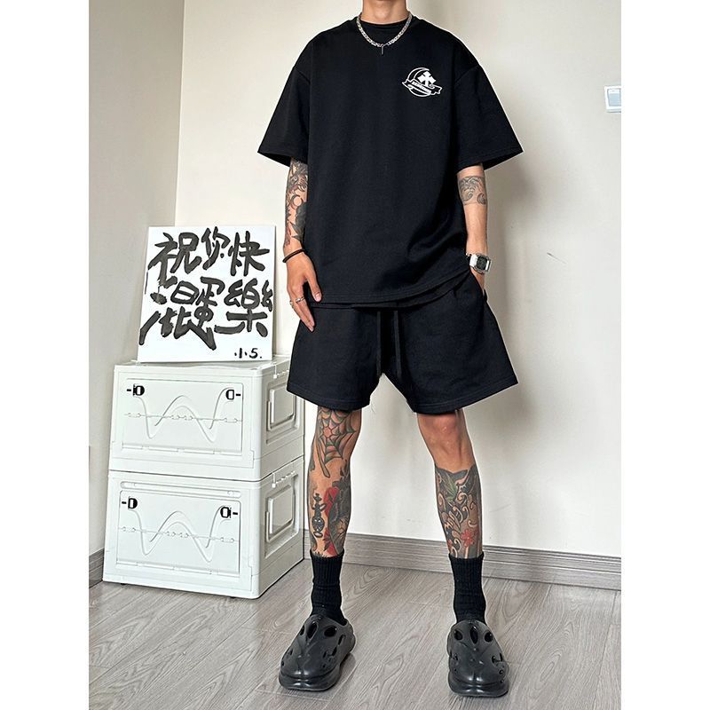 美式休閒vibe基礎款百搭純色五分短褲男夏季高街抽繩直筒運動褲子