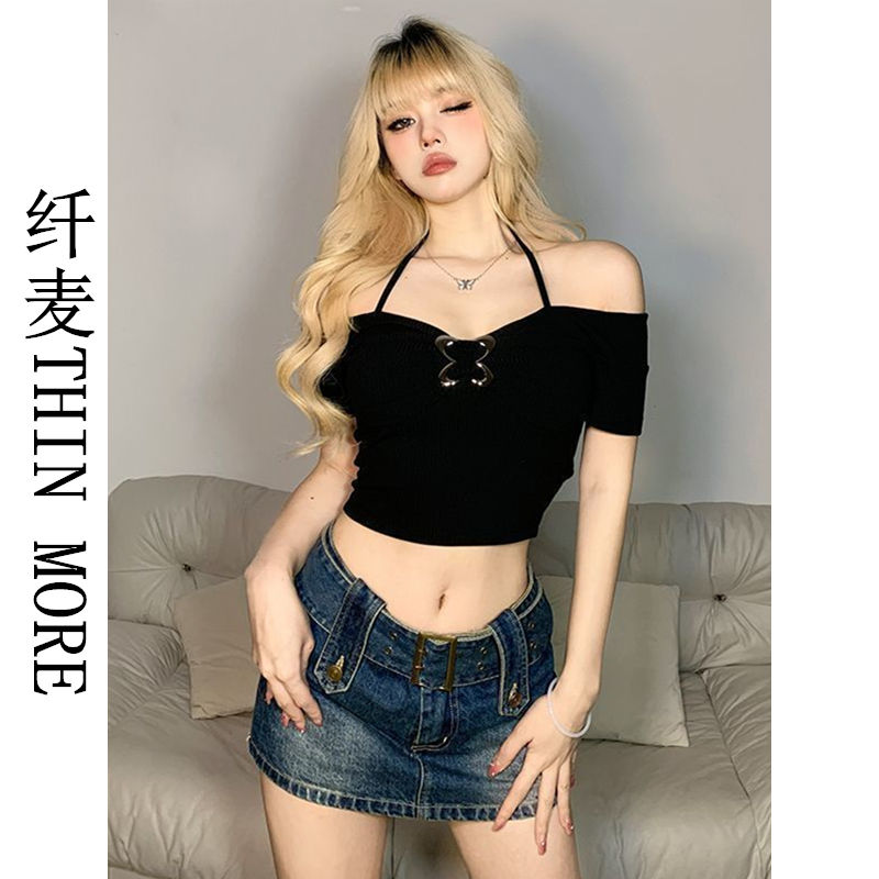 纖麥THIN MORE一字領掛脖露肩鎖骨短袖t恤女夏季辣妹修身短款上衣