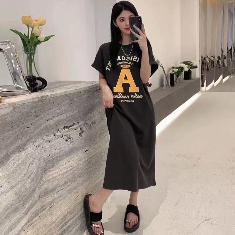  new summer Korean style short-sleeved loose T-shirt nightgown large size fat MM loose slim mid-length dress